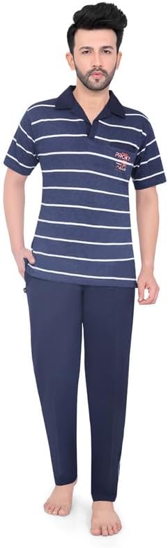 INTER CREATIONMen's Regular Fit Half Sleeve T-Shirt and Track Pant Cotton Blend Night Suit Multicolour Set