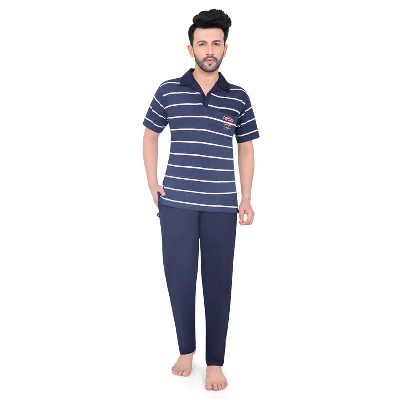INTER CREATIONMen's Regular Fit Half Sleeve T-Shirt and Track Pant Cotton Blend Night Suit Multicolour Set