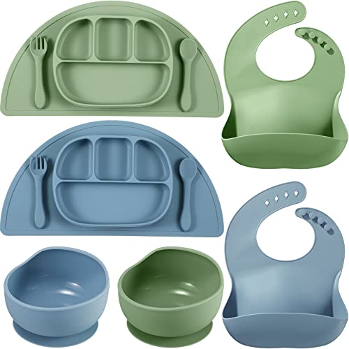 14 Pack Baby Led Weaning Feeding Supplies, Silicone Toddlers Feeding Set Included Adjustable Bibs Suction Plates And Bowls Silicone Placemats Soft Spoons Forks Cups, Baby Self Eating Utensil Set #TOP11