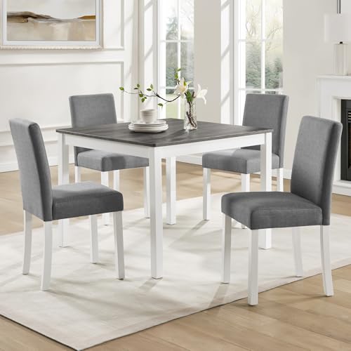 Image of KEIKI 5-Piece Standard Height Dining Table Set with Square Table and 4 Upholstered Curved Backrset Chair, for 4 Person, Modern Wooden Table Set, Easy Assembly, for Kitchen, Dining Room, White+Gray