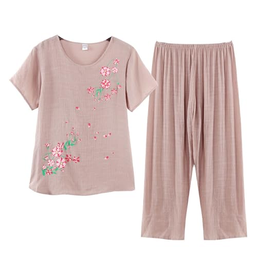 Image of FindThy Women's 2 Piece Linen Outfits Short Sleeve Floral Print Lounge Sets Crewneck Summer Suits