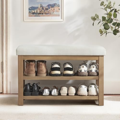 Zihanhome 2 Tier Shoe Rack Bench with Cushion, Solid Wood