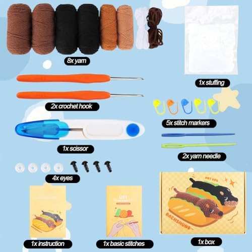 RANJIMA Häkelnadel-Set für Anfänger,Tiere Häckeln Stricken mit Anleitung,Komplettes Häkelset Dackel Hund,Starter Häkeln Tiere Set mit Häkelnadeln,Garn,Füllung,Kreativ Hunde Strickset für Geschenk