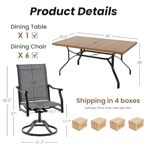 Image of Soohow 7-Piece Outdoor Dining Set, Patio Dining Table and Chairs Set for 6, 6 x Swivel Patio Chairs and 60 inchx35 inch Dining Table with 1.57 inch Umbrella Hole, Wood-Like, Ideal for Poolside, Backyard, Deck