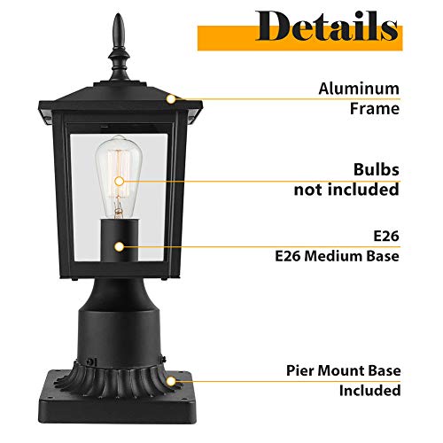 CINOTON Outdoor Post Light Fixtures, Modern 1- Light Exterior Post Lantern with 3-Inch Pier Mount Base Aluminum Housing Plus Clear Glass Waterproof Patio Pole Lights - Thumbnail 2