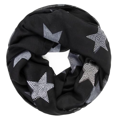 Glamexx24 Loop schal leichter Langschal Sterne Muster Schlauchschal Strass Tuch Viele Farben SC20170401, Schwarz, Einheitsgröße