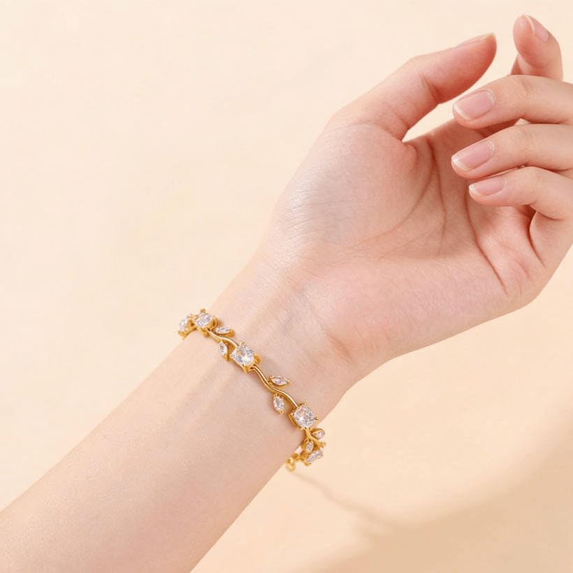 Image of Amaal Bracelets for Women Stylish Gold Plated Tulip American Diamond CZ Stone Bracelet with Leaf Design, Adjustable Link Chain, Anti Tarnish Stainless Steel Jewellery for women Girls Gifts 487