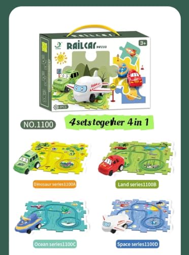 4 Sets 4in1 Puzzle Racer Kids Car Track Set,4 Theme Jigsaw Puzzle Racer Car Track Set Puzzle Track Car Play Set Puzzle Raceway Car Track Preschool Gifts for Kids Christmas Birthday Gift for Boys Girls