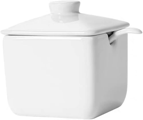 Sizikato Olla de condimento de porcelana blanca con tapa y cuchara, tazón de sal cuadrado de 7 onzas para cocina y restaurante