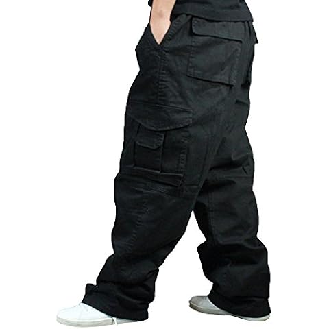 HAORUN Men Plus Size Cargo Trousers Outdoor Dance Pants Loose Baggy Hip Hop Pocket Black Cover