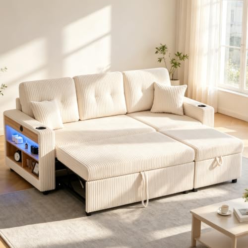 luckdect Canapé Convertible,Canapé-lit 3 Places avec Chaise Réversible,Porte-gobelets et Étagère,Canapé d'angle Modulable avec Rangement,Canapé-lit L en Corduroy avec Lit Gigogne,pour Le Salon