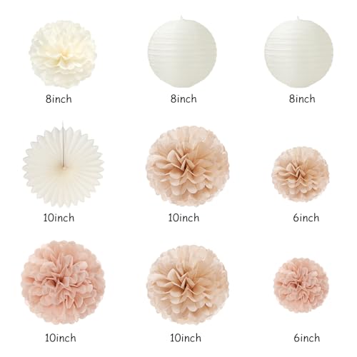 Image of Champagne Rose-Gold Beige Birthday Party-Decorations - 14pcs Happy Banner Boho Lanterns Tissue Pom Poms,Rustic Streamers Garland Fans,Neutral One Sweet Peach Girls Women Hanging Supplies Decor Hugfond