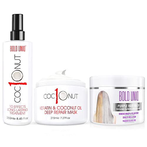 BOLD UNIQ Purple Hair Mask For Blonde, Platinum, Bleached, Silver, Gray, Ash & Brassy Hair, Coconut Heat Protectant Spray & Coconut Oil Hair Mask with Keratin Bundle