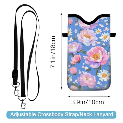 Image of Neoprene Cell Phone Sleeve Pouch Case Bag with Crossbody Strap Neck Lanyard for Women 7.1 X 3.9 in Blue Flower