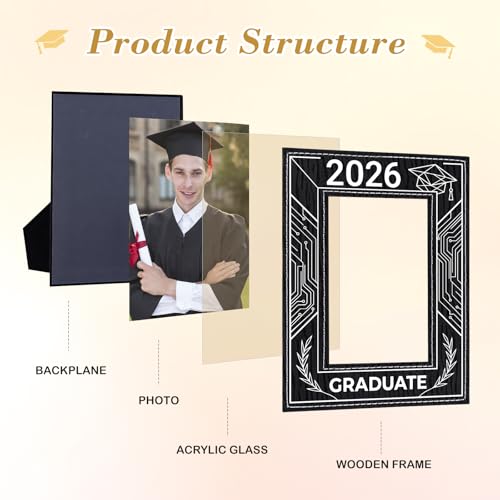 Image of FLYAB 2026 Graduation Picture Frame Class of 2026 Graduation Gifts Black Picture Frame 4X6 UV Embossed Graduate Photo Frame for Him Her High School College Senior Memory Keepsake Modern Vertical Tabletop Display