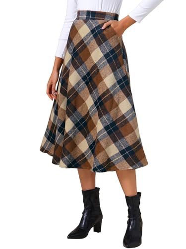 Allegra K Women's Tartan Plaid High Waist A-Line Vintage Pleated Long Skirt with Pockets
