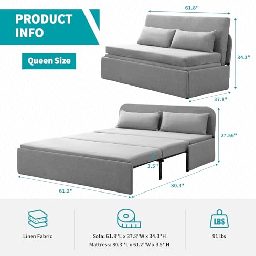 Image of BALUS 61 inch Queen Sleeper Sofa Bed Pull Out Couch with Pullout Beds, 2 in 1 Convertible Linen Loveseat Sofas Sleepers with Pillows, Tri-fold Mattress for Small Space Office Apartment Loft, Light Grey