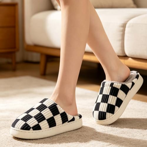 Image of Checkered Slippers for Women and Men - Fuzzy House Slippers with Memory Foam, Comfy Plush Fluffy Indoor House Shoes, Cozy Warm Slip on Bedroom Slippers with Non-Slip Sole