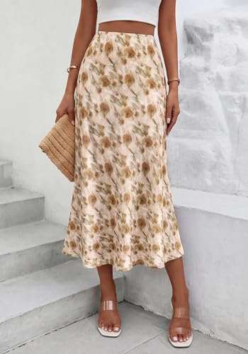 Image of BTFBM Satin Skirts for Women Trendy 2026 Summer Fall | High Waisted A-Line Leopard Print,Floral Print, Business Casual,Cocktail,Wedding Guest,Long Silk Midi Skirt
