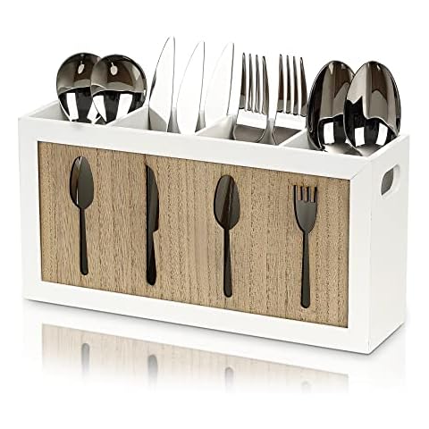 Optyuwah Kitchen Utensil Holder for Countertop, Wooden Utensil Organiser Flatware Silverware Organiser, Utensil Caddy Cutlery Holder Organiser with 4 Compartments for Spoons, Forks, Knives, Napkins Cover