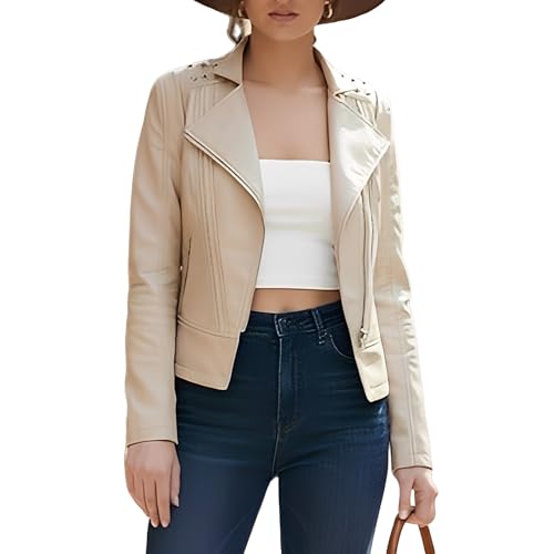 chiguomaoyi Chaqueta de Cuero Mujer Remaches Moto Corta Cazadora Cremallera chaqueta entretiempo (Beige,XL)