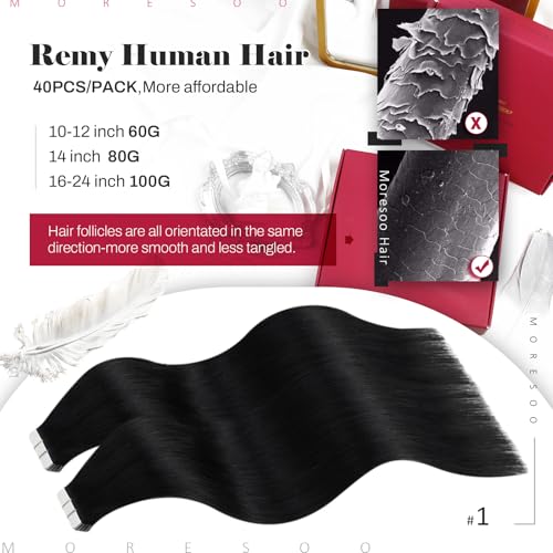 Image of Moresoo Jet Black Human Hair Extensions Tape in, 18 Inch, 40Pcs, 100g | Human hair tape in extensions, higher-density set, straight strands, flat tabs for long layers and weekend styling use