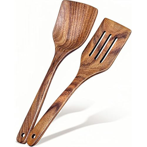 Cuworlis 2 PCS Wooden Spatula, Kitchen Utensils Set, Acacia Wooden Long Handle Flat Frying Spatulas, Cooking Utensils Set for Cooking, Frying, Baking Non-Stick Pan Kitchen Tool