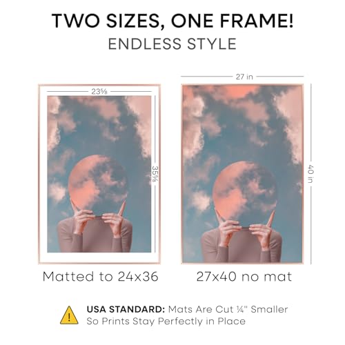 Image of Homeforia 27x40 Poster Frame Rose Gold, High End Metal 27x40 Large Picture Frames with Mat 24x36 inch Photo, 27 x 40 Thin Frame Matted to 24 x 36 Print, 40x27 Frame, Tempered Glass, Wall Kit, Set of 1
