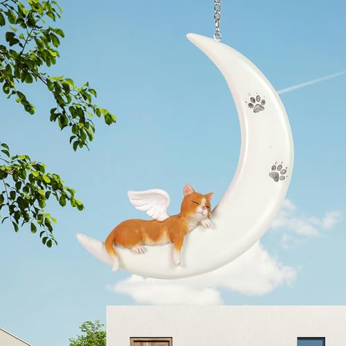 Carchistan Cat Memorial Gifts Remembrance Gifts for Cat Lovers, A Cat Angel Statue Sleeping on Moon Hanging Decorations, Sympathy Cat Loss Gifts Resin Suncatcher Window Ornament