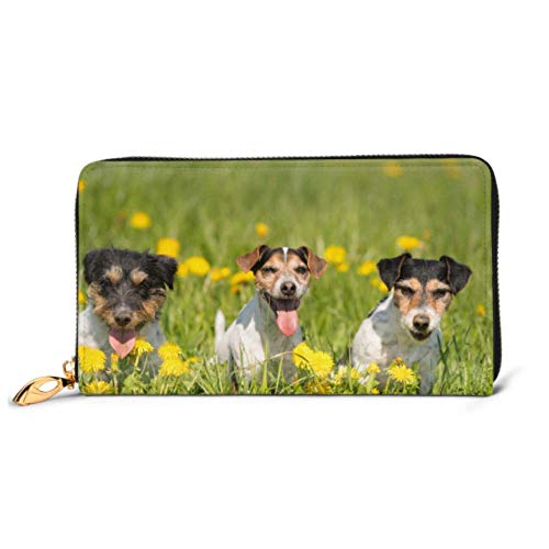 Preisvergleich Produktbild JHGFG Mode Handtasche Reißverschluss Brieftasche DREI süße Hunde liegen Löwenzahn Wiese Telefon Kupplung Geldbörse Abendkupplung Blockieren Leder Brieftasche Multi Card Organizer