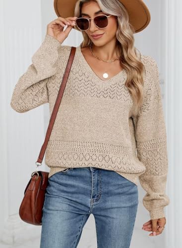 Image of JOCAFIYE Womens Sweaters Casual Long Sleeve V Neck Lightweight Hollow Out Pullover Sweater Tops