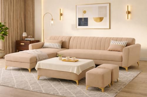 Image of Adorn India Premium Luster 8 Seater L Shape Sofa Set with 2 Puffy & 1 Center Table | Velvet Suede Fabric | 3-Year Warranty | LHS | Beige with Golden Legs & Striped Pattern Cushion