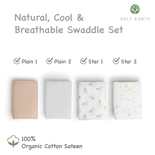 Image of Salt Earth GOTS Certified 100% Organic Cotton 2-Layered Swaddle Baby Blanket, 4 Pack, 47 inchx 47 inch Receiving Blankets for Swaddling, Wrap for Boy & Girl, Newborn Baby Essentials, Registry (Solids & Stars)