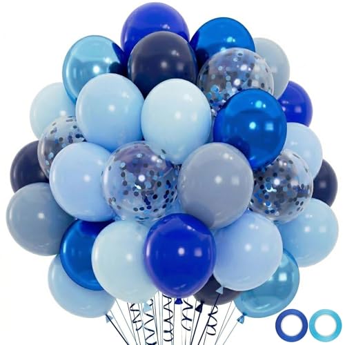 Image of 100pcs Blue Balloons Set - 12inch Metallic Chrome, Pearl, Navy & Pastel Royal Dusty Blue Balloons for Birthdays, Father's Day, 2026 Graduation Party Decorations (2 Ribbons)