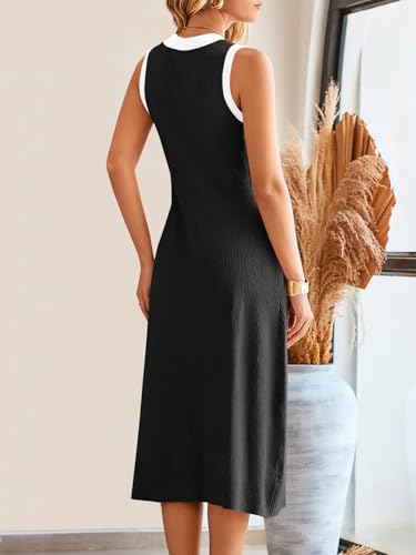 Saodimallsu Womens Summer Button Down Sweater Dresses Sleeveless V Neck Casual Ribbed Knit Color Block Midi Tank Dress4