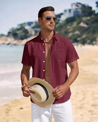 Image of J.VER Mens Linen Shirt Short Sleeve Button Down Casual Summer Shirts | Cotton Linen, Untucked, Big Tall, from Beach Camp Vacation, Cruise Fishing, Work Office, to Wedding Party Family, with Pocket