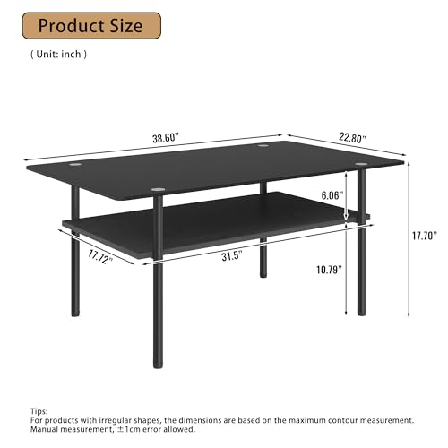 Image of 38.6 inch Glass Coffee Table for Living Room, 2-Tier Modern Black Center Table with Tempered Glass Top, Wood Shelf & Metal Legs,Small Accent Tea Table for Small Space, Apartment,Easy to Assemble