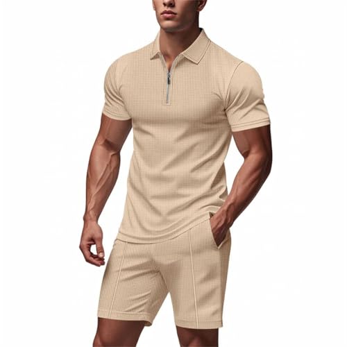Wjnvfioo Men's Summer Loose-Fitting Zip-Up Short-Sleeved Polo Shirt Casual Shorts Suit