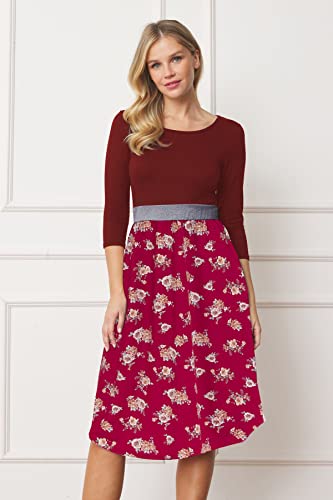 Image of Eloges Women's 3 /4 Sleeve Contrast Waist Band Floral Curved Hem Midi Dress