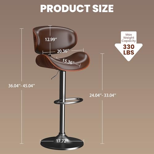 Image of YaFiti Bar Stools Set of 4, Bar Stools for Kitchen Island with Bentwood Back and Leather Seat, Swivel Barstools for Kitchen Counter, Bar, Brown