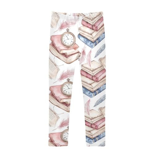 Book and Feather Girls Leggings,Workout Leggings for Girls Toddler Athletic Legging Size for 3-10T