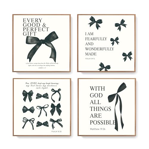Image of LARTSFRO Coquette Black Bow Bible Wall Art Decor Posters, Black Bow Room Bedroom Bathroom Dorm Wall Art Decor Aesthetic for Teen Girls Gifts, Inspirational Bible Verses Bow Wall Decor, 10x10 Inch Set of 4 Pcs Bow Pictures (UNFRAMED)