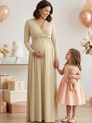 Image of KOH KOH Womens Maternity Long Sleeve V-Neck Flowy Winter Maxi Dress Gown