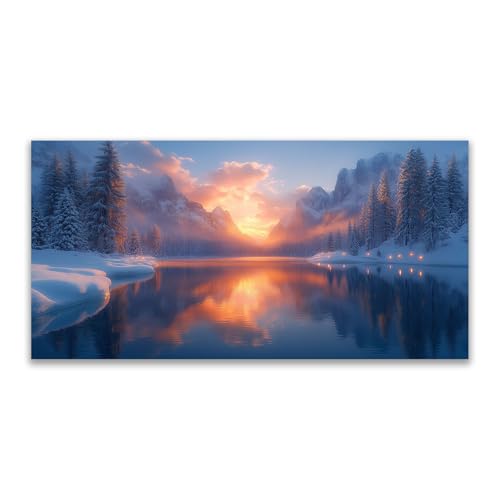 Tableau sur toile hiver forêt orange 50x100cm art mural moderne salon sans cadre