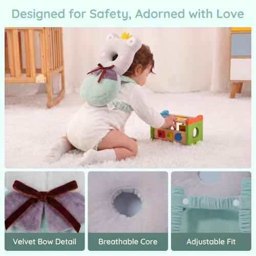 Image of Baby Head Protector Backpack - Soft & Lightweight Fall Cushion Backpack for Toddlers Walking and Crawling (Green Frog)