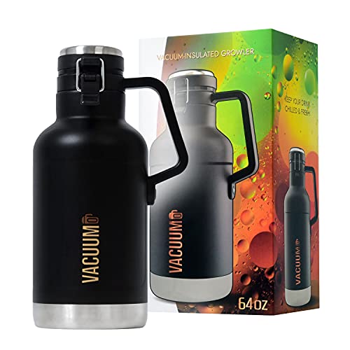 Vacuumo Growlers for Beer - Vacuum Double-Wall Insulation Keeps Cold and Carbonated or Liquids Hot - Leak-Proof Lid & Stainless Steel Thermos Jug 64oz