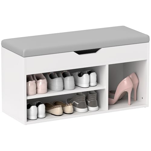 HOMCOM Banco para zapatos, organizador de asiento acolchado, almacenamiento oculto, zapatero, pasillo, color blanco crema