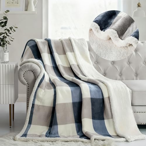 PU MEI Sherpa Fleece Throw Blanket 60″ x 80″ Reversible Plush Fluffy Large Big Blanket Lattice Flannel Blankets for Sofa Couch Bed (Grey-Soft Blue, 60″*80″)