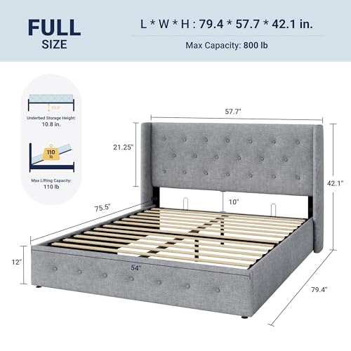Image of Allewie Full Size Lift Up Storage Bed, Button Tufted Headboard with Wingback, Hydraulic Support, No Box Spring Needed, Light Grey