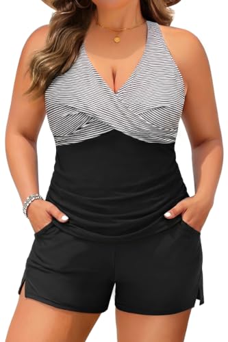 Daci Plus Size Tankini Swimsuit for Women - Two Piece Tummy Control Bathing Suit Tankini Top with Two Pockets Shorts Black Striped 18 Plus